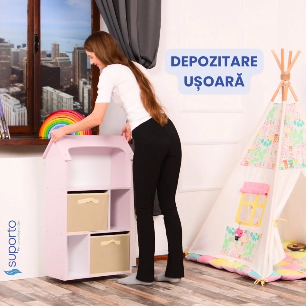 Suporto Biblioteca copii Organizator tip casuta cu raft pentru carti din lemn MDF roz