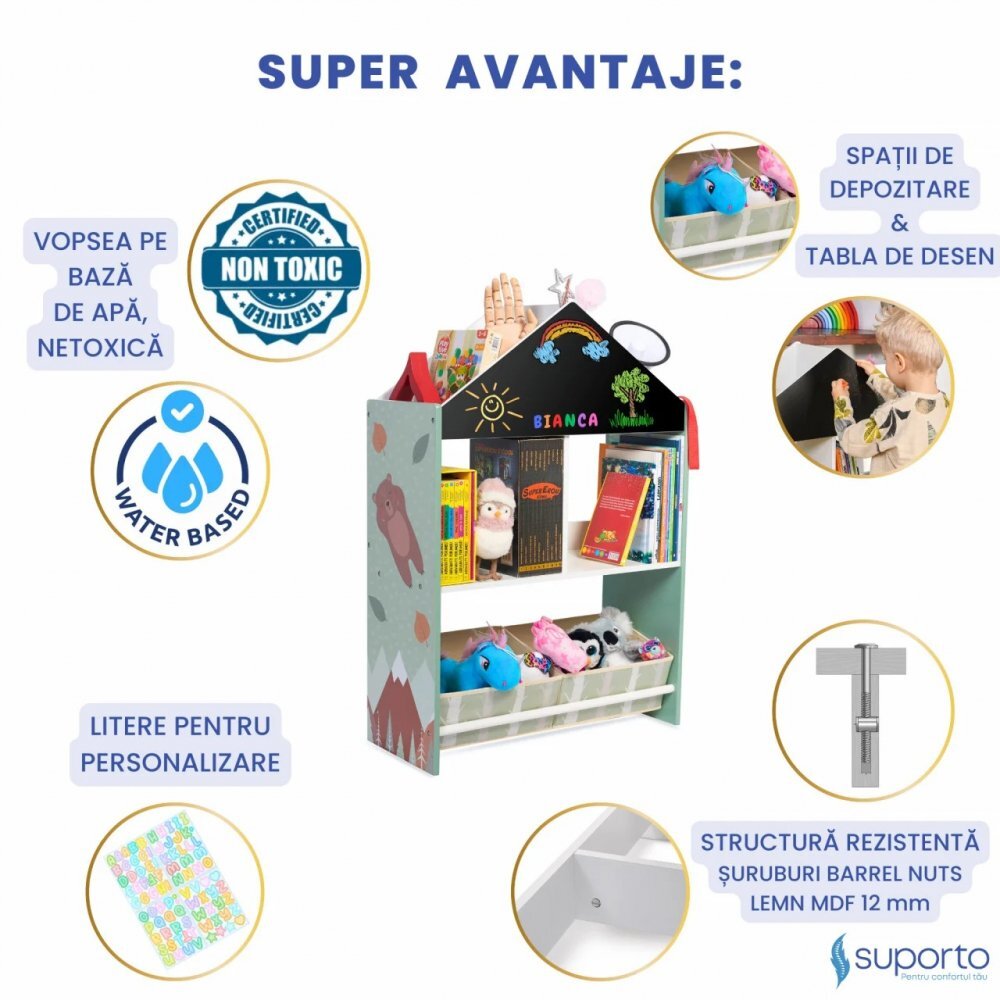 Suporto Biblioteca copii Organizator tip casuta cu raft pentru carti din lemn MDF verde