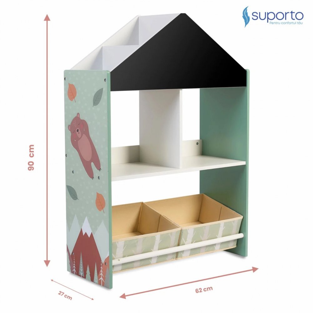 Suporto Biblioteca copii Organizator tip casuta cu raft pentru carti din lemn MDF verde