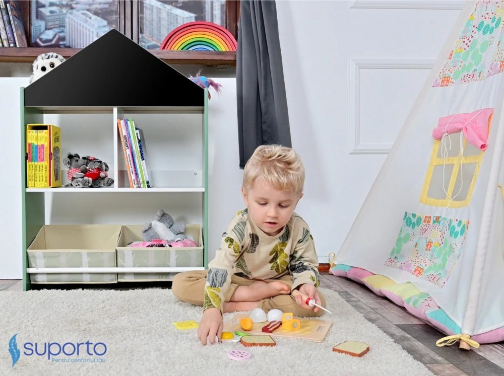 Suporto Biblioteca copii Organizator tip casuta cu raft pentru carti din lemn MDF verde