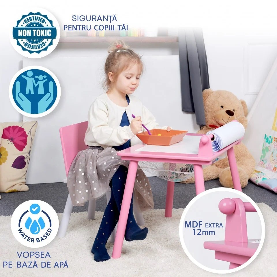 Suporto Birou cu scaunel pentru copii roz cu tabla compatibila cu piese Lego din MDF blat reversibil