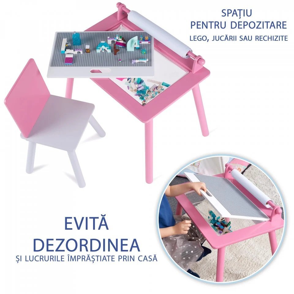 Suporto Birou cu scaunel pentru copii roz cu tabla compatibila cu piese Lego din MDF blat reversibil
