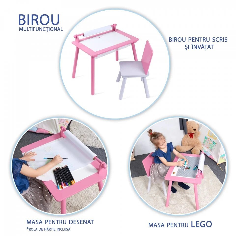 Suporto Birou cu scaunel pentru copii roz cu tabla compatibila cu piese Lego din MDF blat reversibil