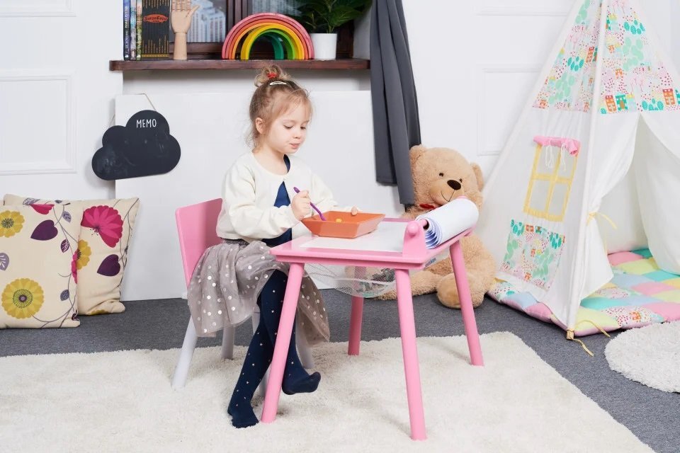 Suporto Birou cu scaunel pentru copii roz cu tabla compatibila cu piese Lego din MDF blat reversibil