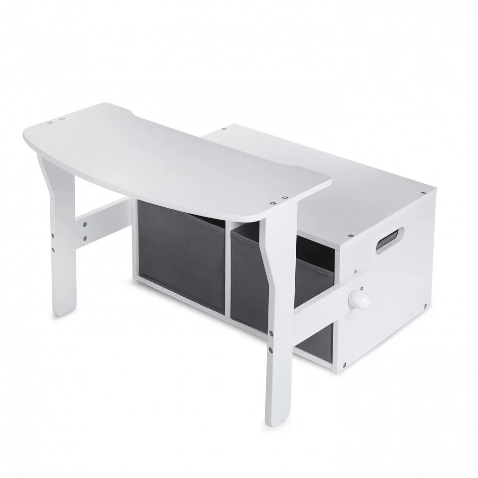 Suporto Birou pentru copii cu scaun convertibil Bancuta 3 in 1 cu masuta si spatii de depozitare lemn MDF alb-gri 3-6 ani