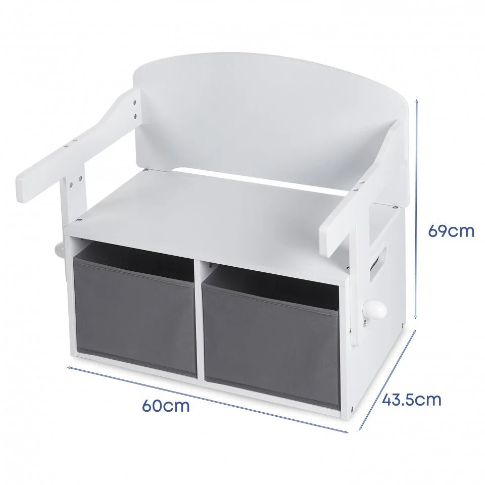 Suporto Birou pentru copii cu scaun convertibil Bancuta 3 in 1 cu masuta si spatii de depozitare lemn MDF alb-gri 3-6 ani