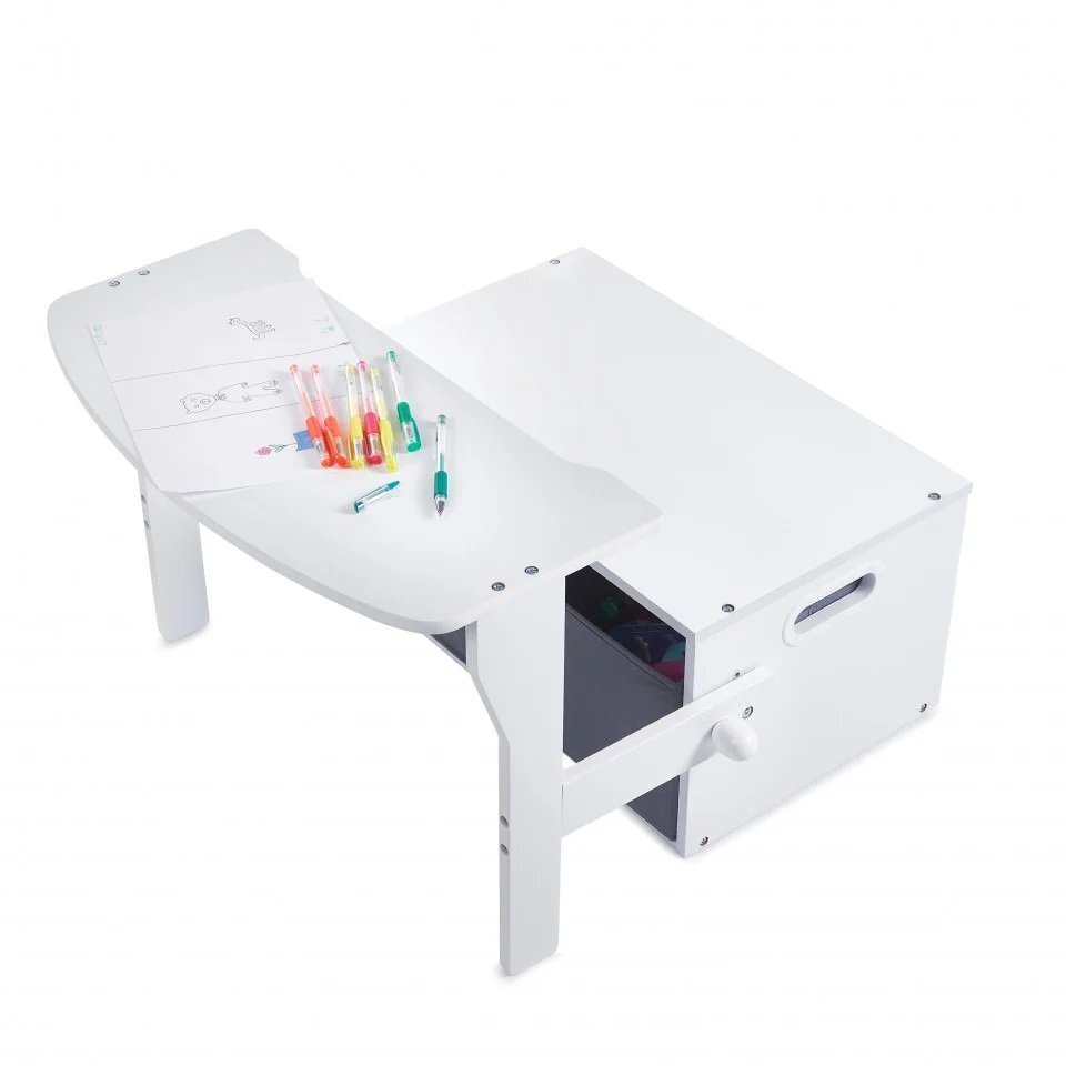 Suporto Birou pentru copii cu scaun convertibil Bancuta 3 in 1 cu masuta si spatii de depozitare lemn MDF alb-gri 3-6 ani