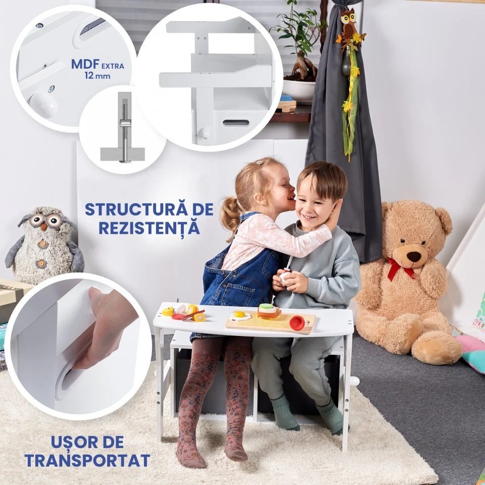 Suporto Birou pentru copii cu scaun convertibil Bancuta 3 in 1 cu masuta si spatii de depozitare lemn MDF alb-gri 3-6 ani