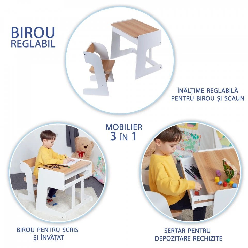 Suporto Birou pentru copii reglabil din MDF cu scaunel reglabil si spatiu de depozitare