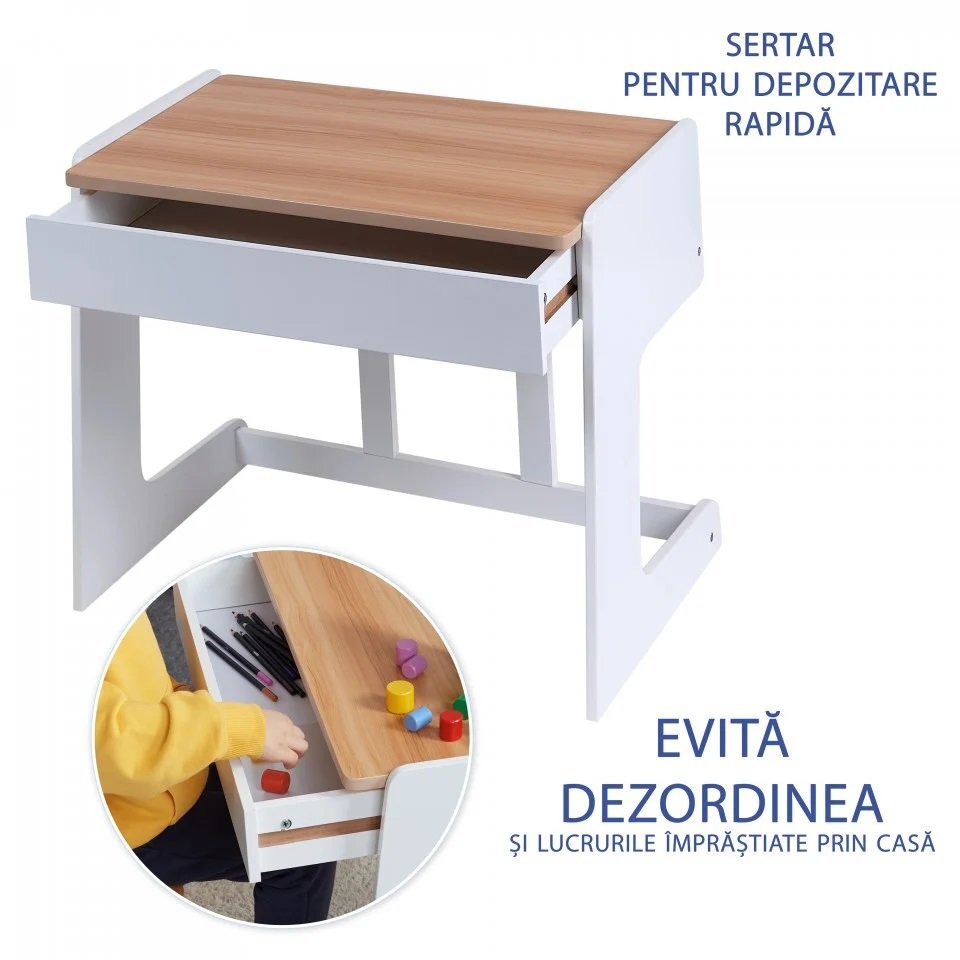 Suporto Birou pentru copii reglabil din MDF cu scaunel reglabil si spatiu de depozitare