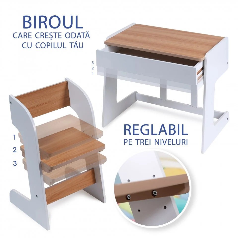 Suporto Birou pentru copii reglabil din MDF cu scaunel reglabil si spatiu de depozitare