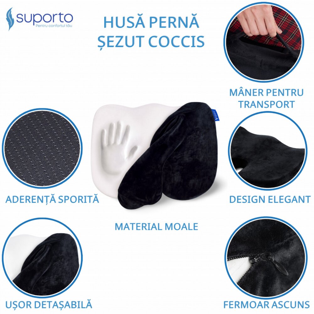 Suporto Husa de schimb pentru perna ortopedica sezut coccis din spuma cu memorie