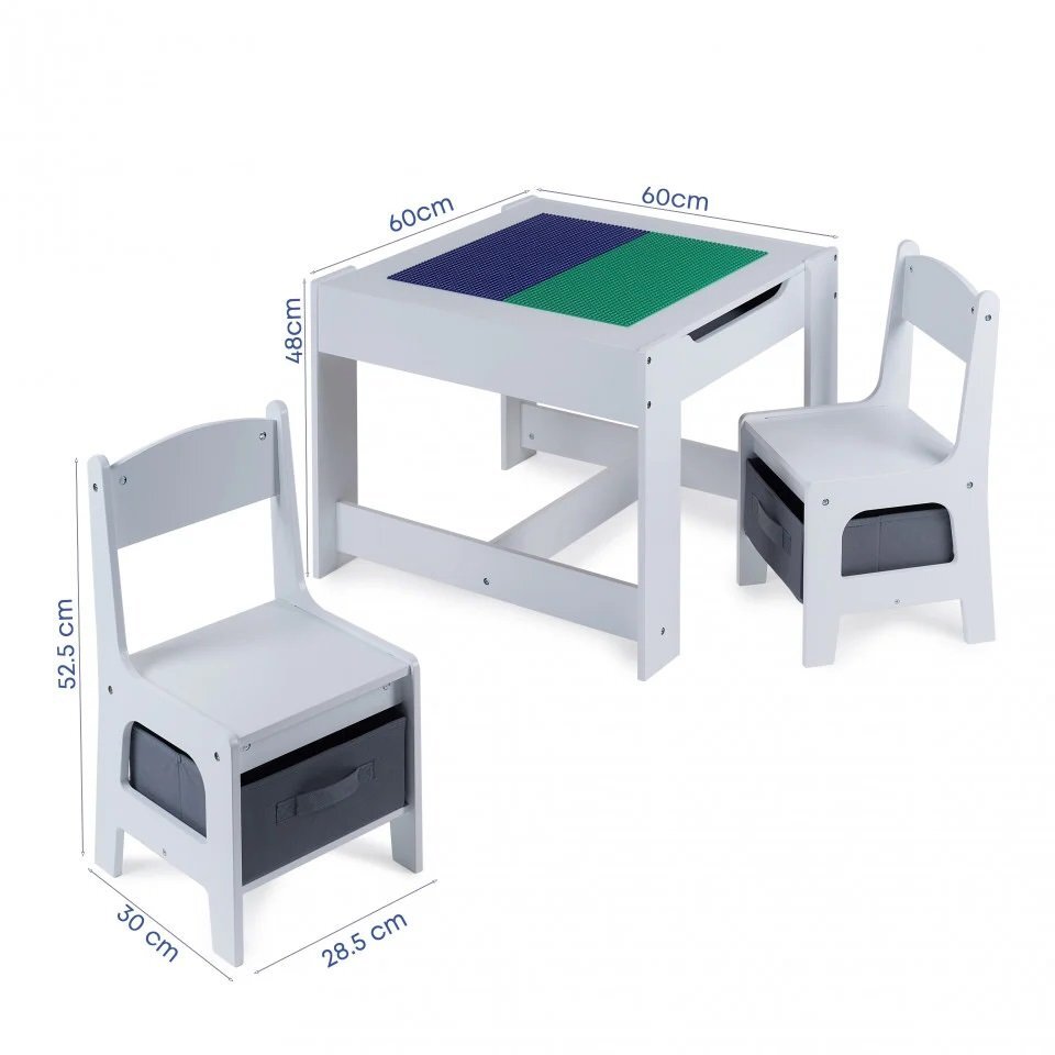 Suporto Masa cu scaune pentru copii si tabla compatibila cu piese Lego din MDF alb-gri 3-6 ani