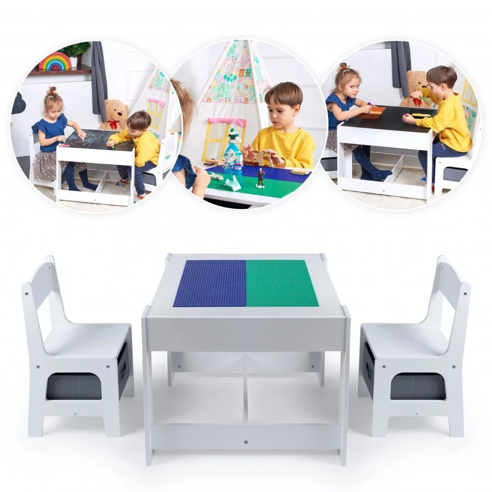 Suporto Masa cu scaune pentru copii si tabla compatibila cu piese Lego din MDF alb-gri 3-6 ani