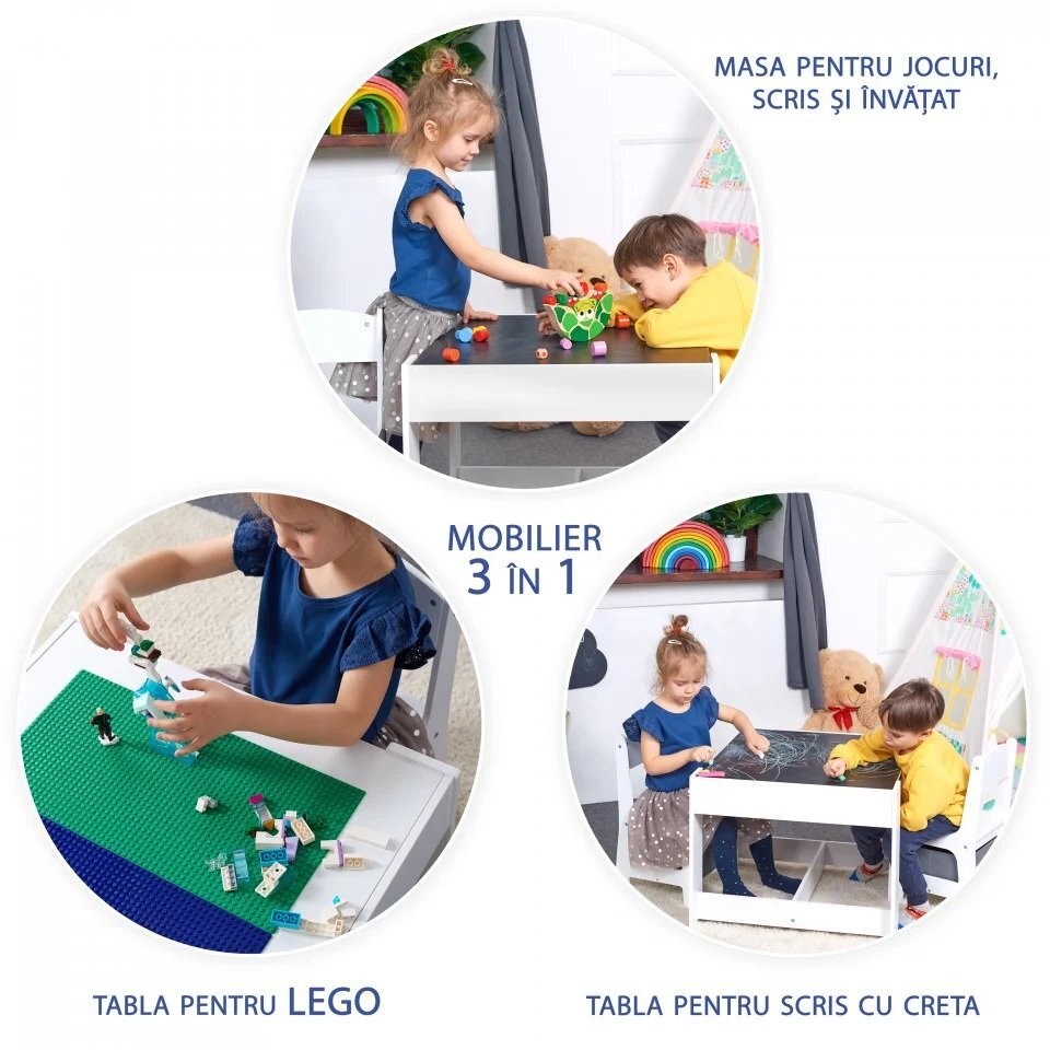 Suporto Masa cu scaune pentru copii si tabla compatibila cu piese Lego din MDF alb-gri 3-6 ani
