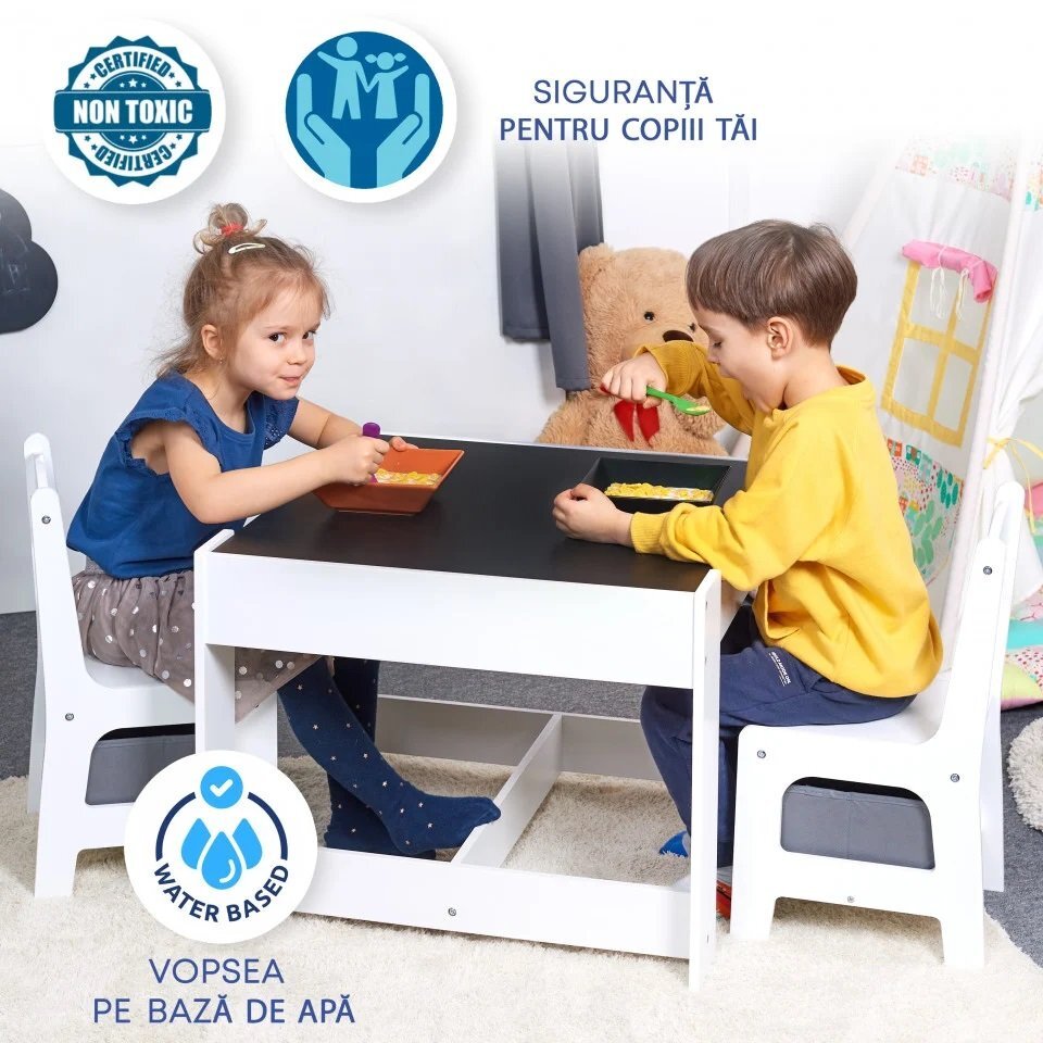 Suporto Masa cu scaune pentru copii si tabla compatibila cu piese Lego din MDF alb-gri 3-6 ani