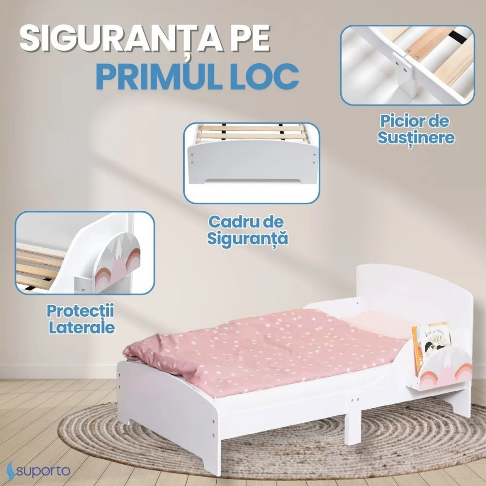 Suporto Pat copii cu protectie laterala si raft depozitare carti si jucarii model Curcubeu 3-8 ani din lemn MDF alb