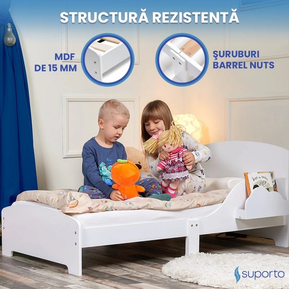 Suporto Pat copii cu protectie laterala si raft depozitare carti si jucarii model Curcubeu 3-8 ani din lemn MDF alb