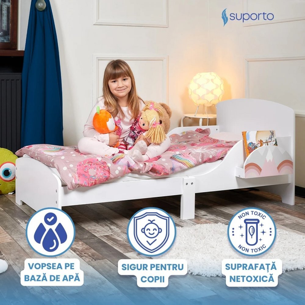 Suporto Pat copii cu protectie laterala si raft depozitare carti si jucarii model Curcubeu 3-8 ani din lemn MDF alb