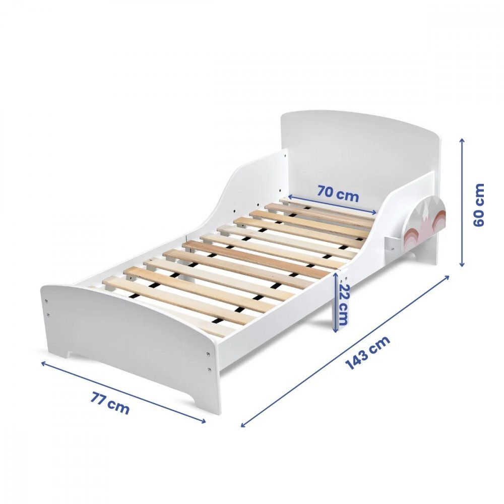 Suporto Pat copii cu protectie laterala si raft depozitare carti si jucarii model Curcubeu 3-8 ani din lemn MDF alb