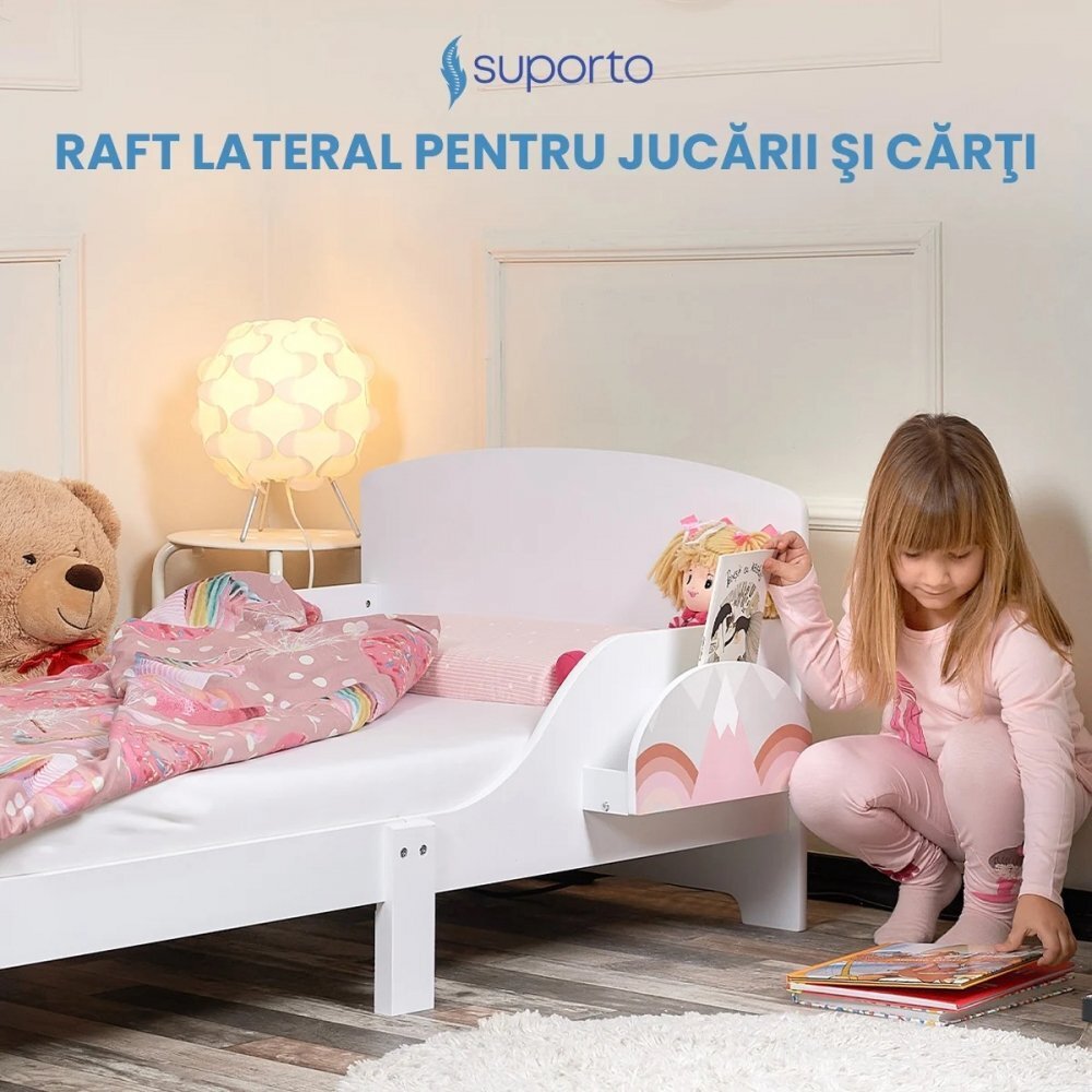 Suporto Pat copii cu protectie laterala si raft depozitare carti si jucarii model Curcubeu 3-8 ani din lemn MDF alb