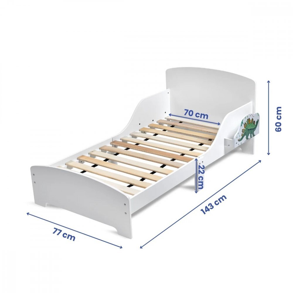 Suporto Pat copii cu protectie laterala si raft depozitare carti si jucarii model Dinozaur 3-8 ani din lemn MDF alb