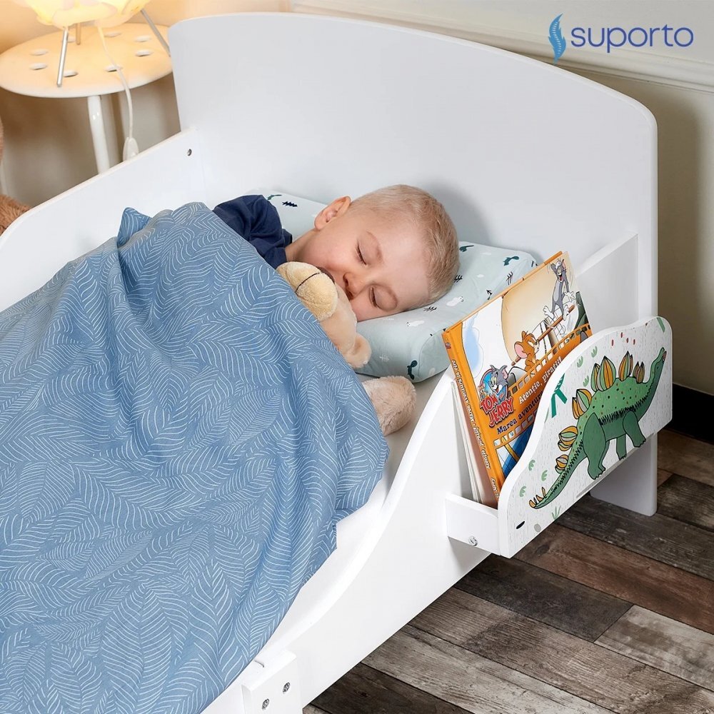 Suporto Pat copii cu protectie laterala si raft depozitare carti si jucarii model Dinozaur 3-8 ani din lemn MDF alb