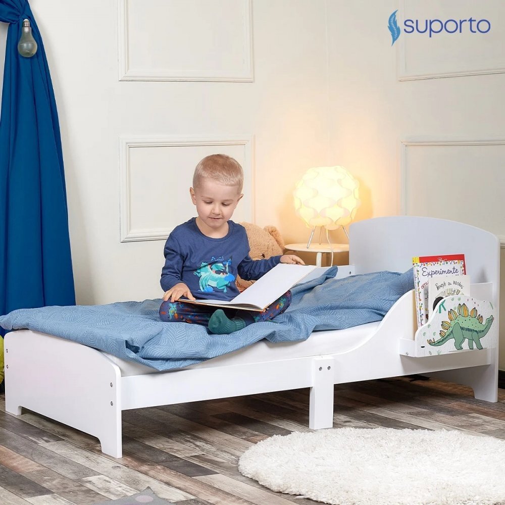 Suporto Pat copii cu protectie laterala si raft depozitare carti si jucarii model Dinozaur 3-8 ani din lemn MDF alb