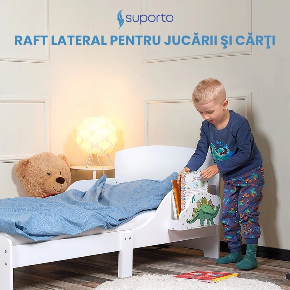 Suporto Pat copii cu protectie laterala si raft depozitare carti si jucarii model Dinozaur 3-8 ani din lemn MDF alb