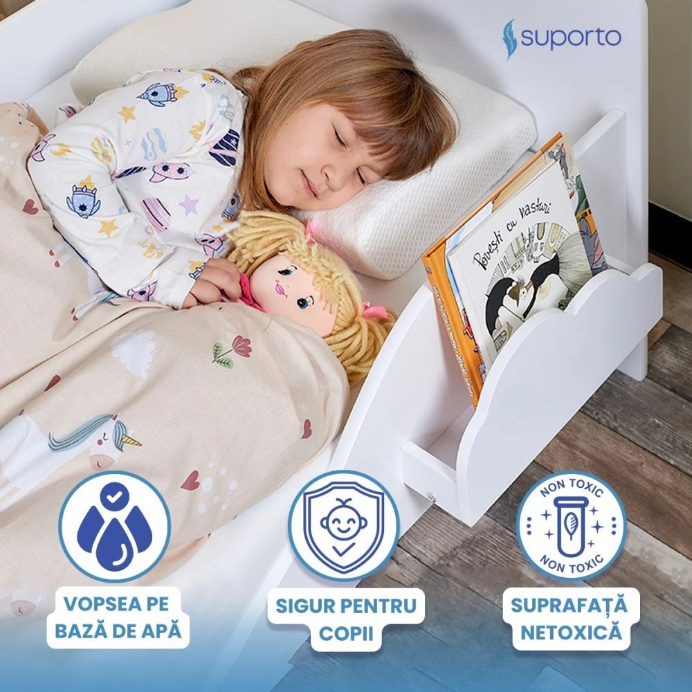 Suporto Pat copii cu protectie laterala si raft depozitare carti si jucarii model Norisor 3-8 ani din lemn MDF alb