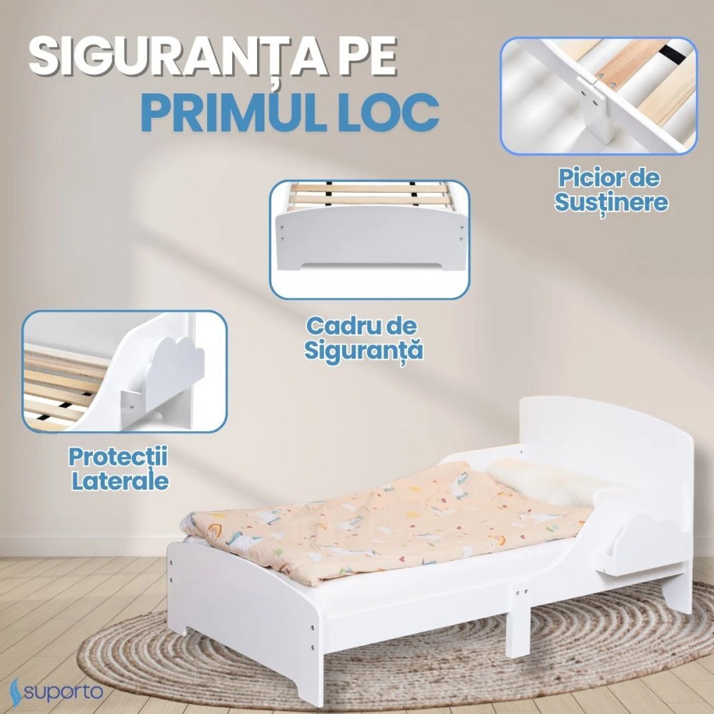 Suporto Pat copii cu protectie laterala si raft depozitare carti si jucarii model Norisor 3-8 ani din lemn MDF alb