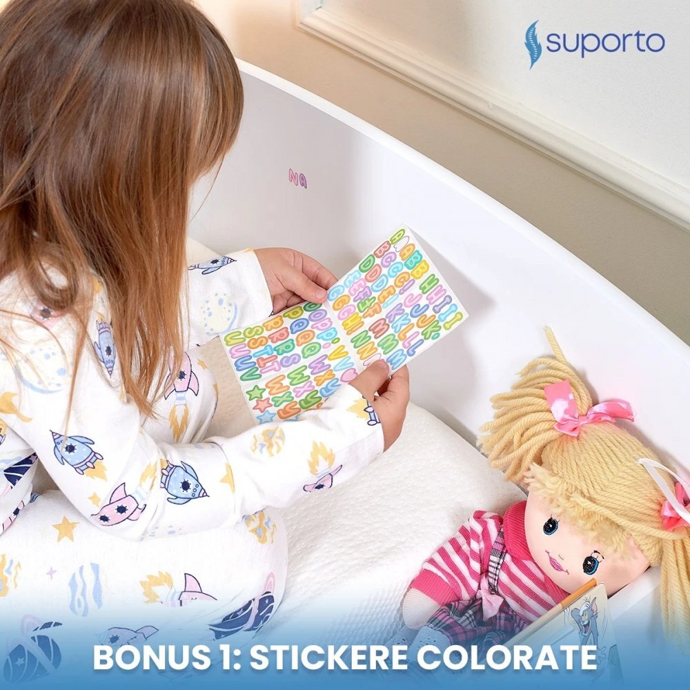 Suporto Pat copii cu protectie laterala si raft depozitare carti si jucarii model Norisor 3-8 ani din lemn MDF alb