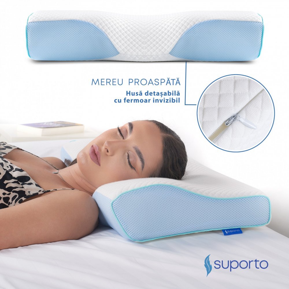 Suporto Perna de dormit anatomica si ortopedica cu suport cervical din spuma cu memorie Albastra