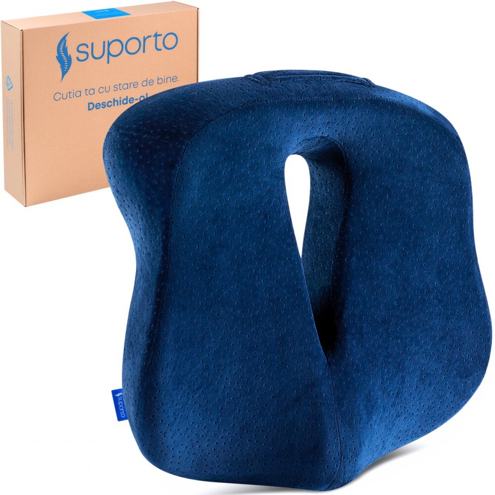 Suporto Perna ortopedica pentru sezut Navy Blue din spuma cu memorie cu suport pentru coccis