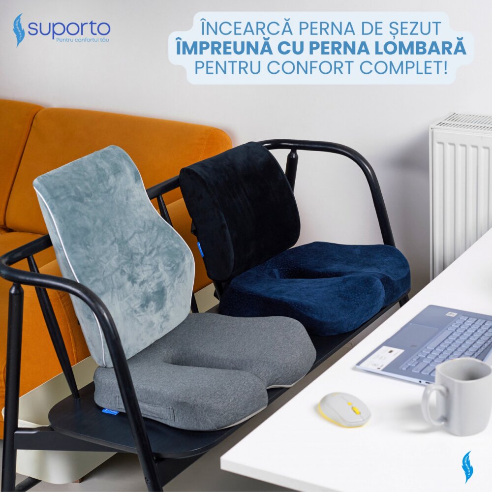 Suporto Perna ortopedica pentru sezut Slim Gri din spuma cu memorie cu suport pentru coccis
