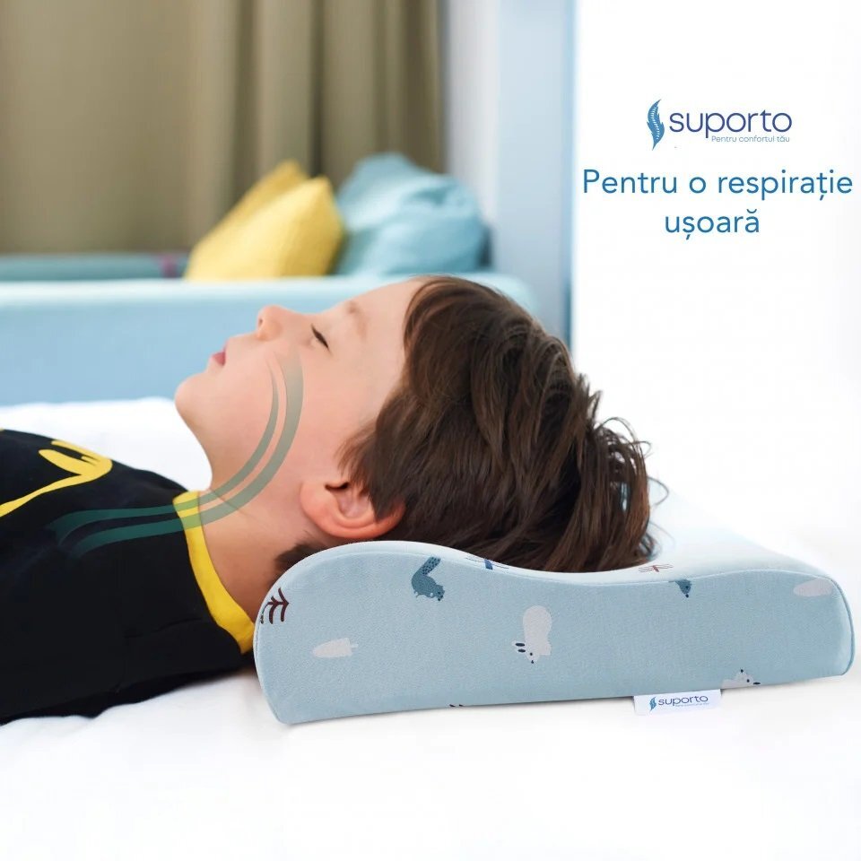 Suporto Perna ortopedica si hipoalergenica din spuma cu memorie 2-9 ani Albastru husa din bumbac 2 inaltimi pentru dormit si suport cervical