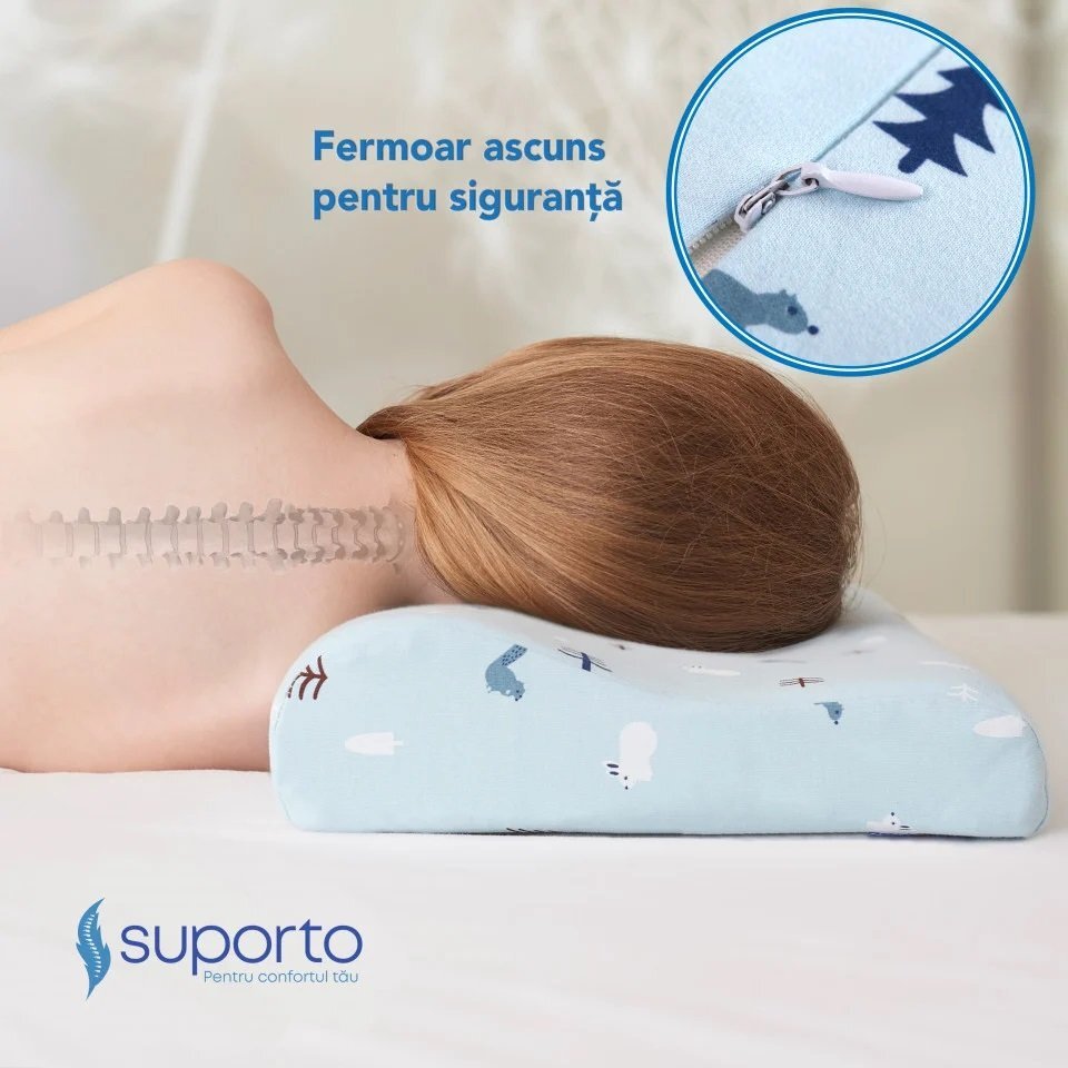 Suporto Perna ortopedica si hipoalergenica din spuma cu memorie 2-9 ani Albastru husa din bumbac 2 inaltimi pentru dormit si suport cervical
