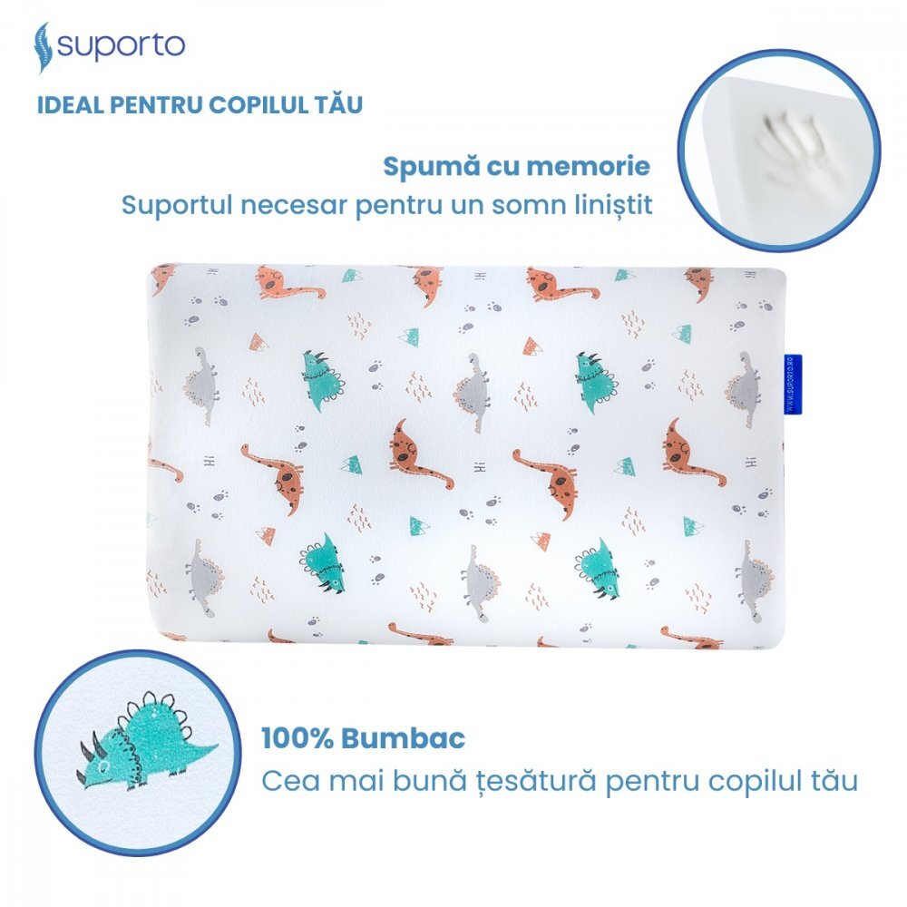 Suporto Perna ortopedica si hipoalergenica din spuma cu memorie 2-9 ani Dinozauri husa din bumbac 2 inaltimi pentru dormit si suport cervical