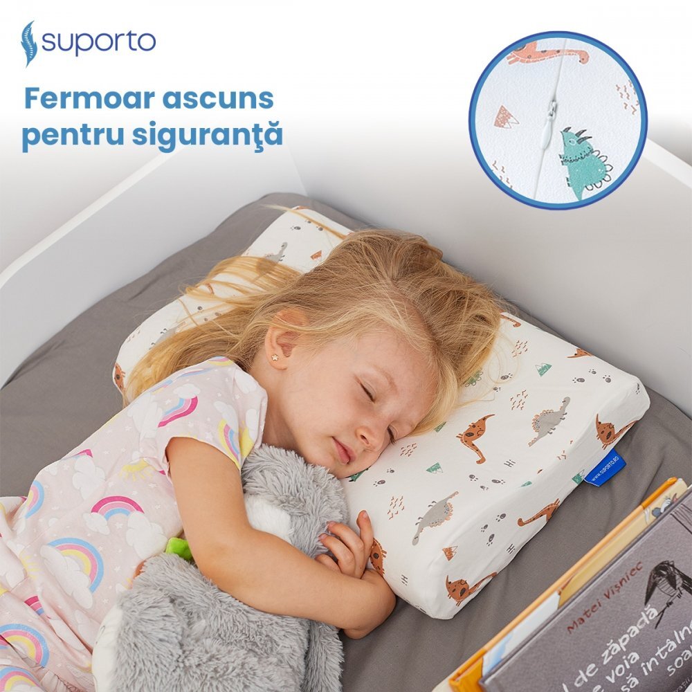 Suporto Perna ortopedica si hipoalergenica din spuma cu memorie 2-9 ani Dinozauri husa din bumbac 2 inaltimi pentru dormit si suport cervical