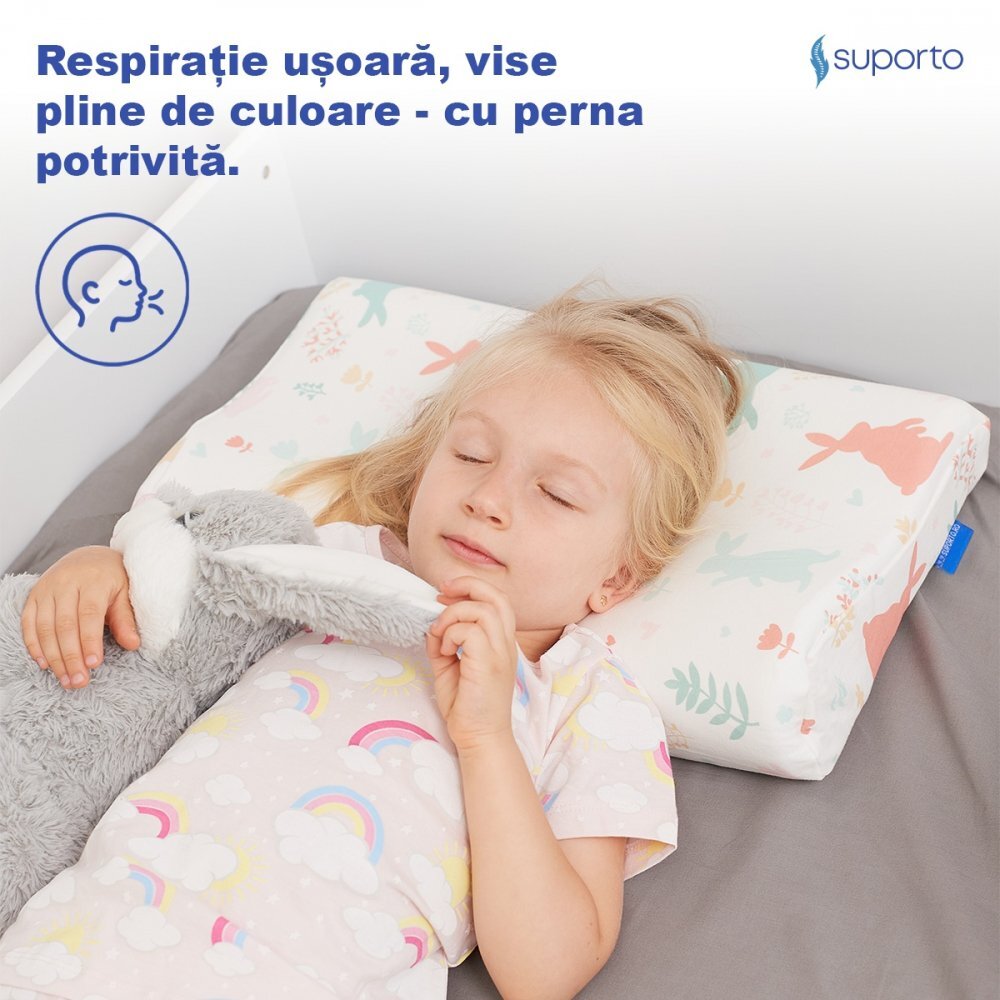 Suporto Perna ortopedica si hipoalergenica din spuma cu memorie 2-9 ani Iepurasi husa din bumbac 2 inaltimi pentru dormit si suport cervical