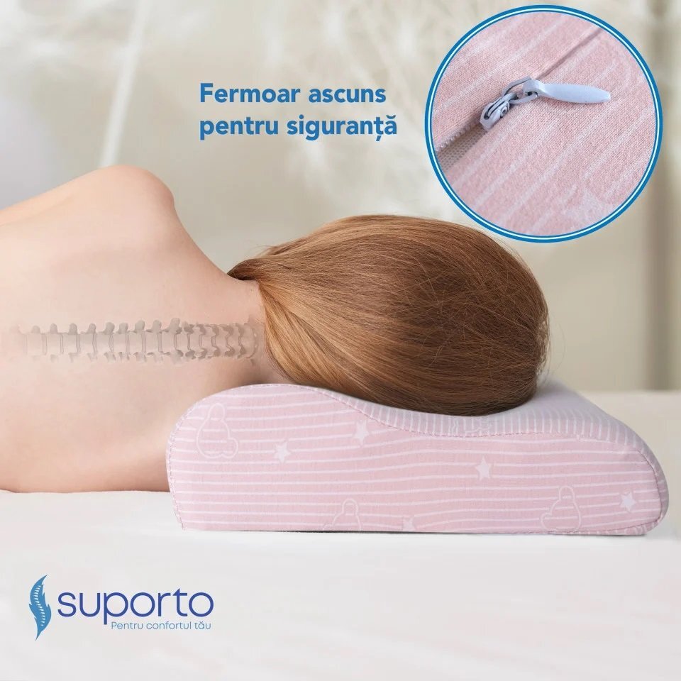 Suporto Perna ortopedica si hipoalergenica din spuma cu memorie 2-9 ani Roz husa din bumbac 2 inaltimi pentru dormit si suport cervical