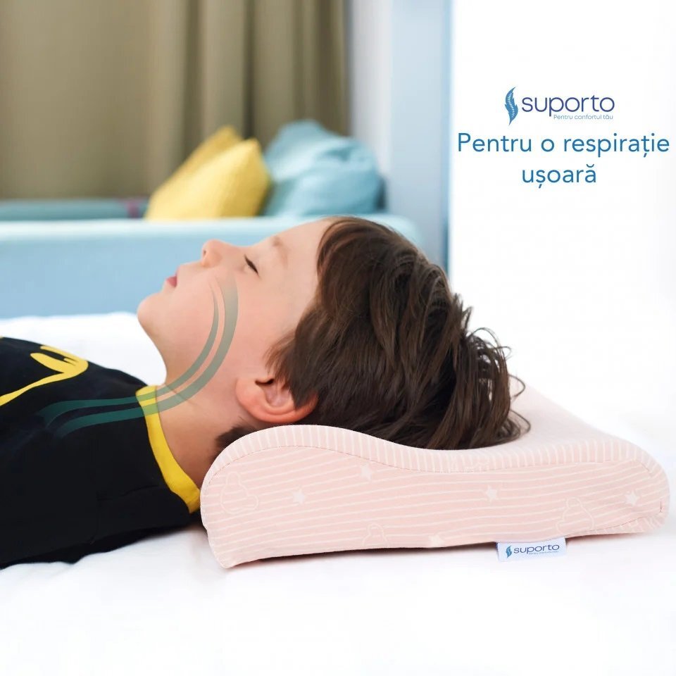Suporto Perna ortopedica si hipoalergenica din spuma cu memorie 2-9 ani Roz husa din bumbac 2 inaltimi pentru dormit si suport cervical