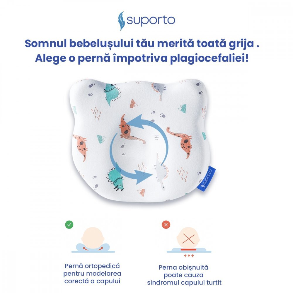 Suporto Perna pentru formarea capului Alb Ursulet model cu dinozauri 0-12 luni impotriva plagiocefaliei ortopedica si hipoalergenica din spuma cu memorie husa din bumbac