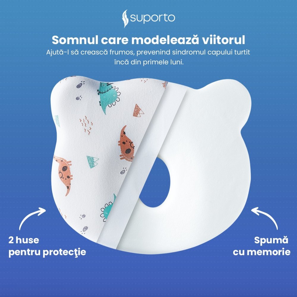 Suporto Perna pentru formarea capului Alb Ursulet model cu dinozauri 0-12 luni impotriva plagiocefaliei ortopedica si hipoalergenica din spuma cu memorie husa din bumbac