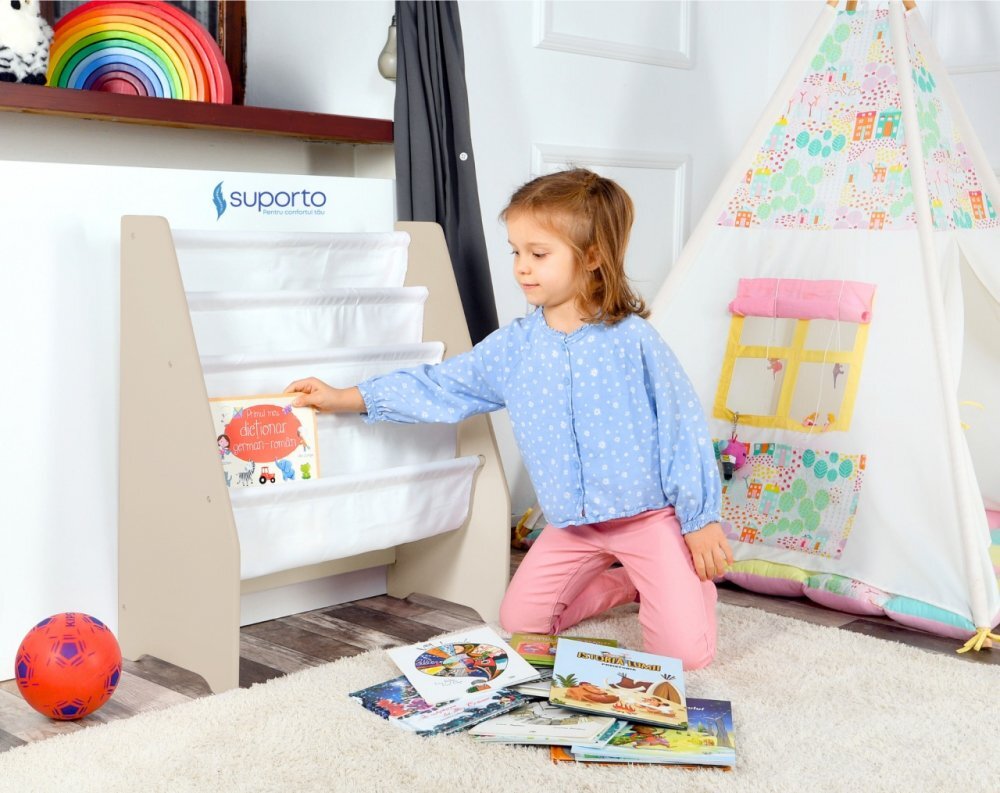 Suporto Raft de carti pentru copii Crem din lemn MDF organizator cu etajere din textil pentru depozitare jucarii carti si caiete 71.5 x 62 x 30 cm