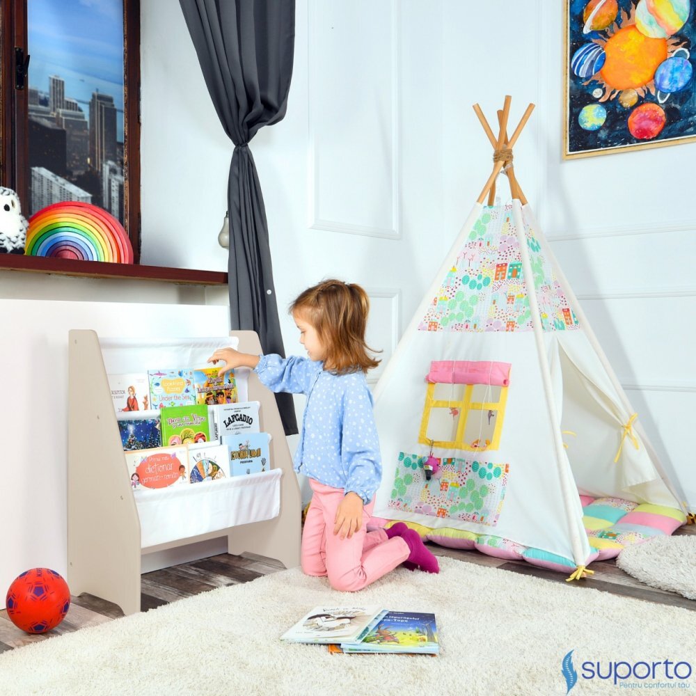 Suporto Raft de carti pentru copii Crem din lemn MDF organizator cu etajere din textil pentru depozitare jucarii carti si caiete 71.5 x 62 x 30 cm