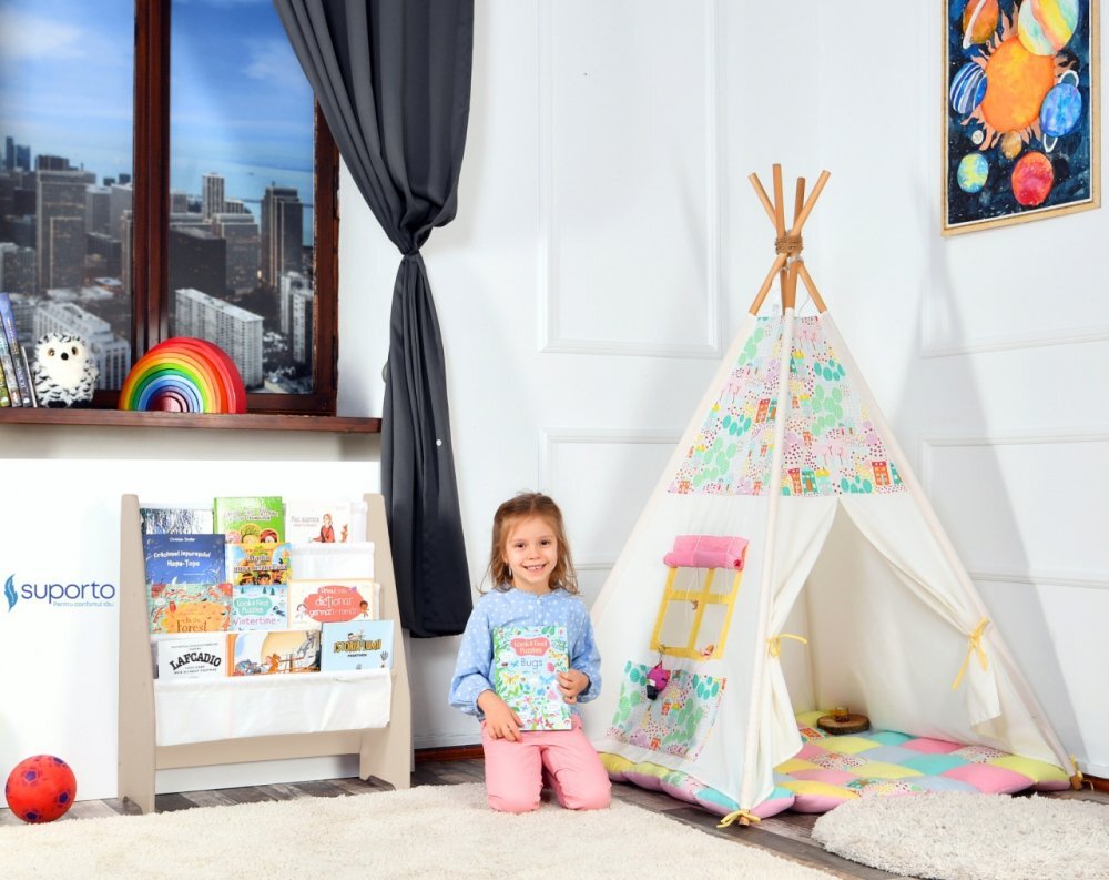 Suporto Raft de carti pentru copii Crem din lemn MDF organizator cu etajere din textil pentru depozitare jucarii carti si caiete 71.5 x 62 x 30 cm