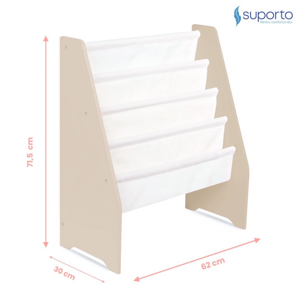 Suporto Raft de carti pentru copii Crem din lemn MDF organizator cu etajere din textil pentru depozitare jucarii carti si caiete 71.5 x 62 x 30 cm