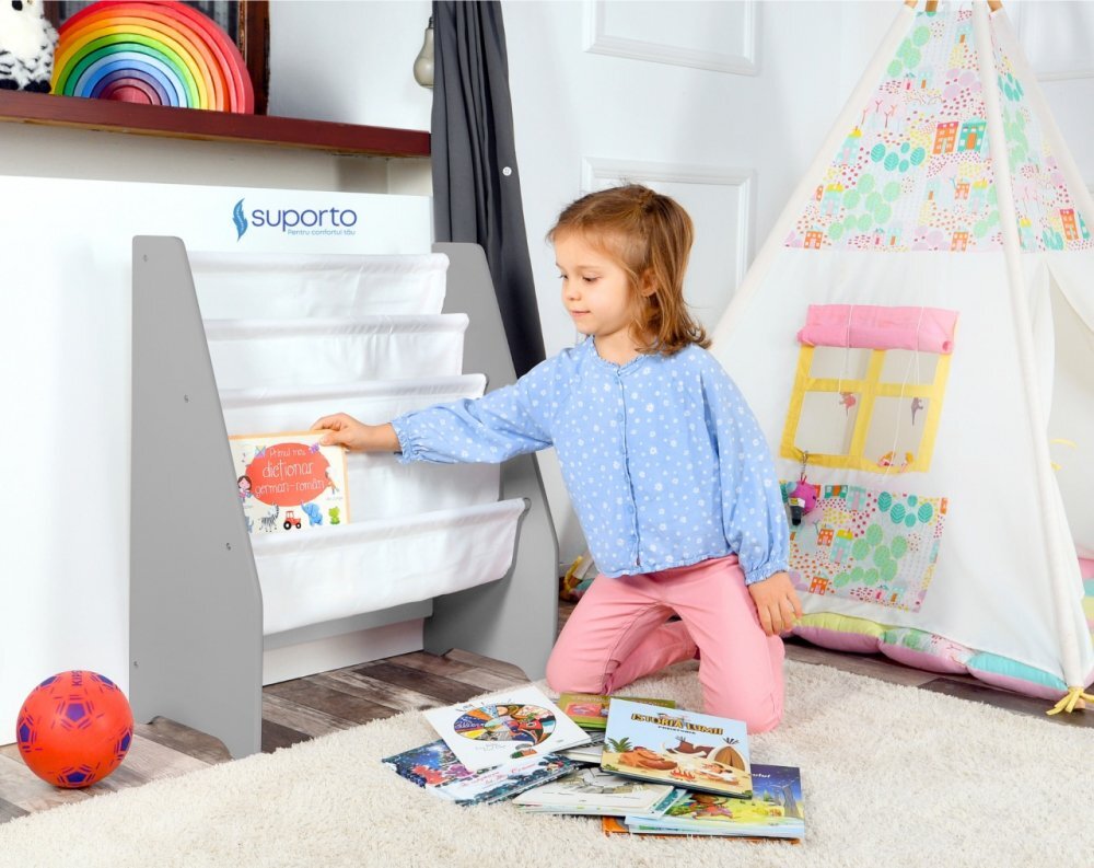 Suporto Raft de carti pentru copii Gri din lemn MDF organizator cu etajere din textil pentru depozitare jucarii carti si caiete 71.5 x 62 x 30 cm
