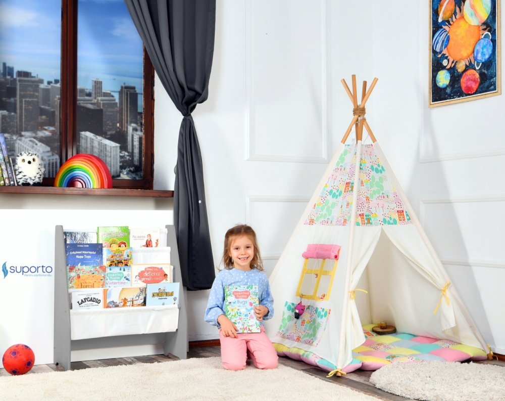 Suporto Raft de carti pentru copii Gri din lemn MDF organizator cu etajere din textil pentru depozitare jucarii carti si caiete 71.5 x 62 x 30 cm